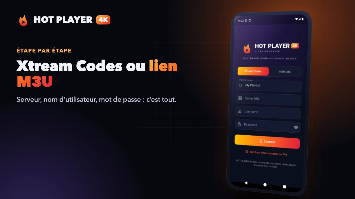 Xtream Codes dans HOT PLAYER 4K : écran pour ajouter une playlist